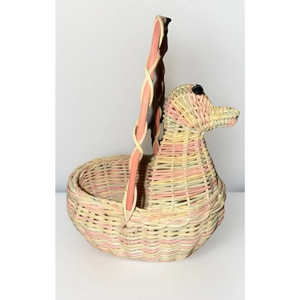 Vintage 1970’s Pastel Duck Wicker Basket with Handle Decorative Planter 8.5x5”